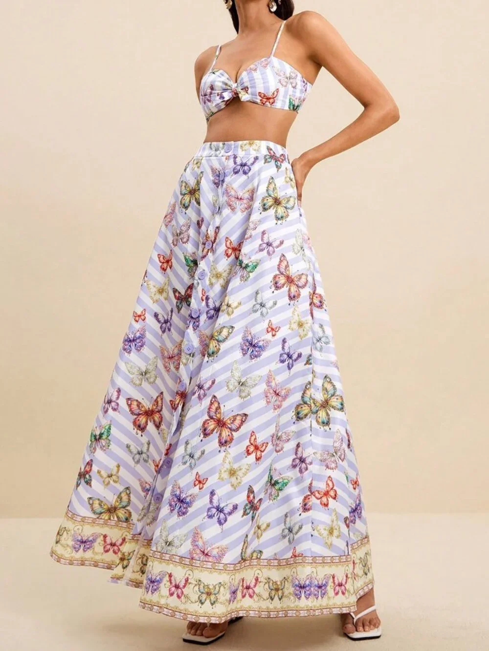 Multicolor Boho Women's Stripe Butterfly Print Maxi Skirt And Cami Crop Top Set